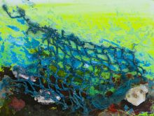 Schilderij Blauw visnet 2020 acryl met zand schelp en roest op mdf board 48x64cm